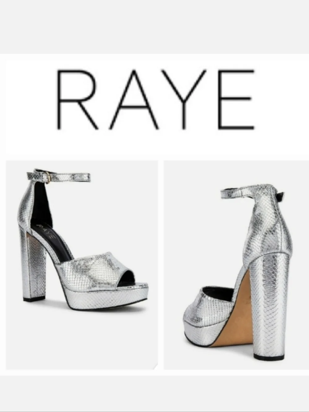 RAYE Dune Metallic Silver Snakeskin Embossed Leather Platform Heels Sz 10